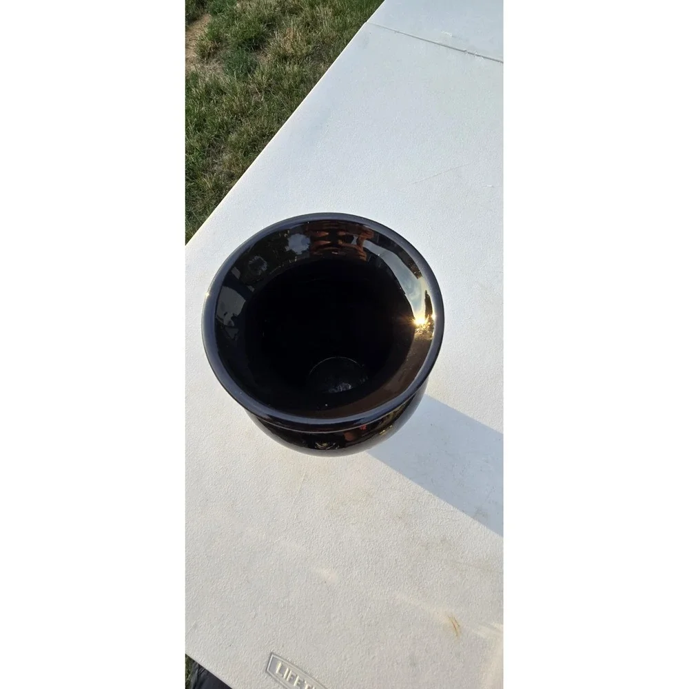 glossy black ceramic vase W/ hand-painted purple floral design & flared rim